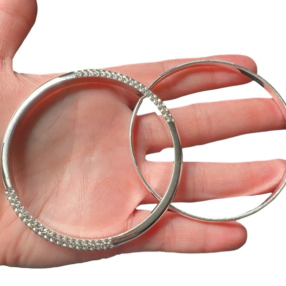 Silver Tone Pave Rhinestone & Solid Stacking Bangle Bracelets - Picture 7 of 10